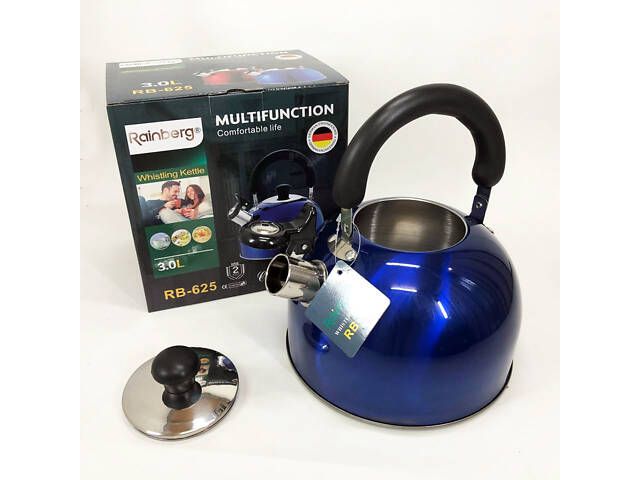 Чайник Rainberg RB-625 із нержавіючої сталі зі свистком 3л гарний чайник для газової плити Blue - Фото 5