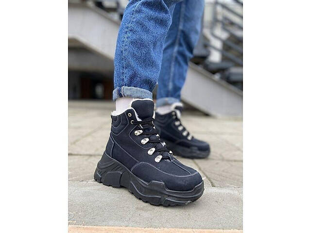 Ботинки зимние синие нубук толстая подошва платформа - Фото 3