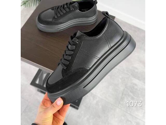 Чорні шкіряні кросівки на товстій підошві 36-40р код 1073 38 - Фото 2