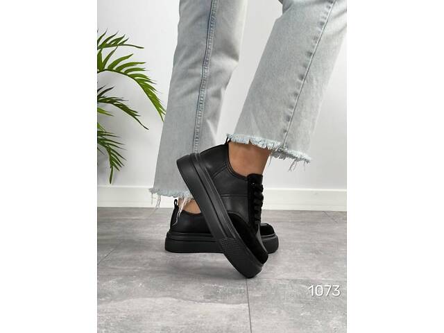 Чорні шкіряні кросівки на товстій підошві 36-40р код 1073 38 - Фото 1