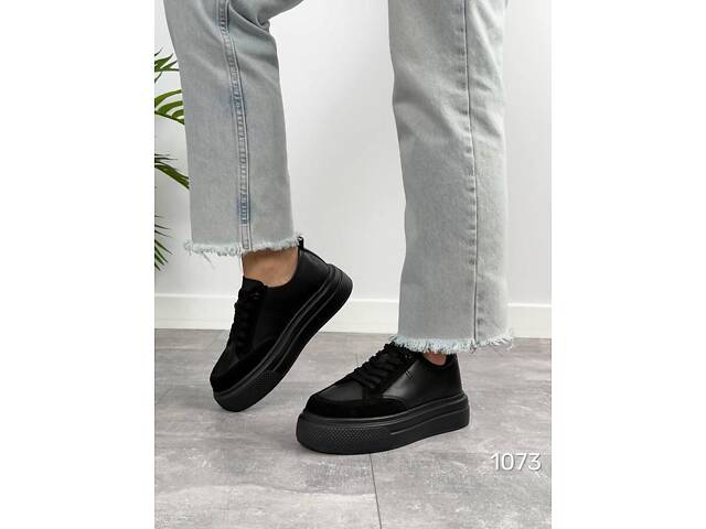 Чорні шкіряні кросівки на товстій підошві 36-40р код 1073 38 - Фото 5