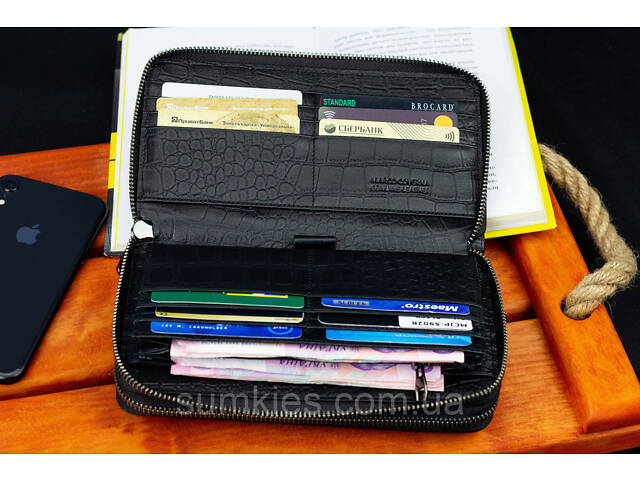 Чорний гаманець-клатч на дві блискавки із фактурної натуральної шкіри Marco Coverna MCJP-5902B - Фото 8