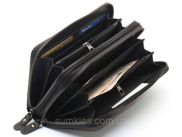 Чорний гаманець-клатч на дві блискавки з натуральної шкіри Marco Coverna B-5902B-1Q - Фото 6