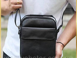 Мужская черная кожаная сумка-мессенджер Кожаная мужская мессенджер черная Tiding Bag