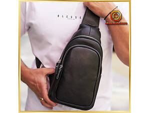 Мужская стильная сумка слинг черная через плечо из натуральной кожи.