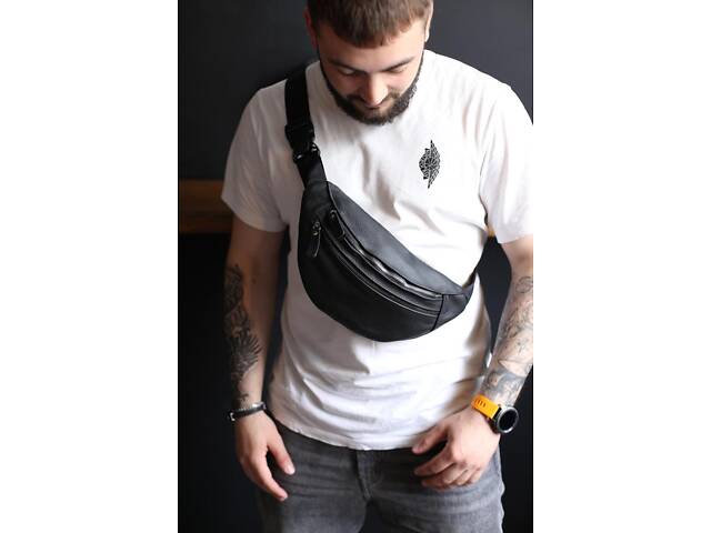 Мужская сумка на пояс, бананка из натуральной кожи SL002 (черная) / artSD0074 - Фото 1