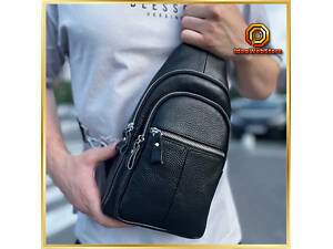 Мужская сумка-слинг из натуральной кожи на одно плечо черная TIDING BAG