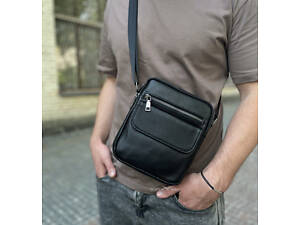 Мужской классический большой кожаный мессенджер черный Tiding Bag