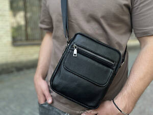 Мужской классический большой кожаный мессенджер черный Tiding Bag