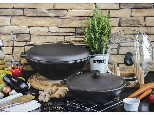 Чугунная сковорода WOK 8 л с крышкой-сковородой гриль и чехлом - Фото 10