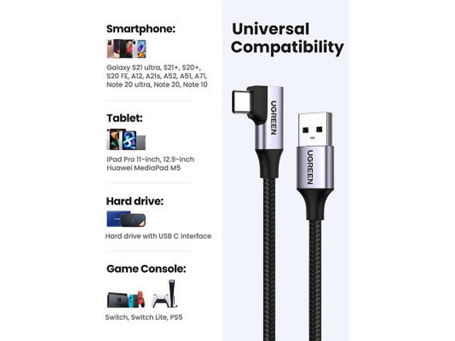 Дата кабель USB 3.0 Type-C to Type-C 1.0m 60W US385 90-degree Black Ugreen (20299) - Фото 5