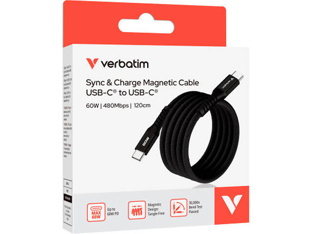 Дата-кабель USB-C to USB-C 1.2m Magnetic 60W black Verbatim (31859) - Фото 3