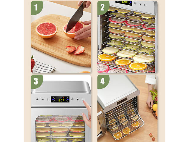 Дегідратор сушіння фруктів овочів 400 Вт з 10 секціями з нержавійки для приготування сухофруктів та овочевих чипсів у домашніх - Фото 7