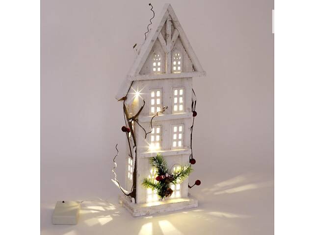 Декор Зимний домик 41 см деревянный белый с LED-подсветкой DP43187 BonaDi