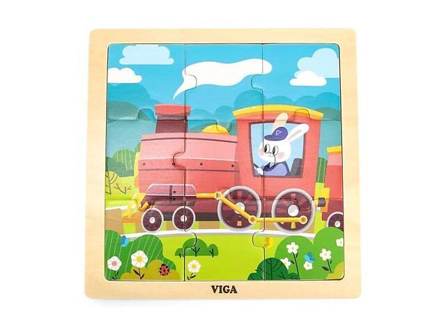 Дерев'яний пазл Viga Toys Паровозик із зайчиком 9 ел. (44631) - Фото 1