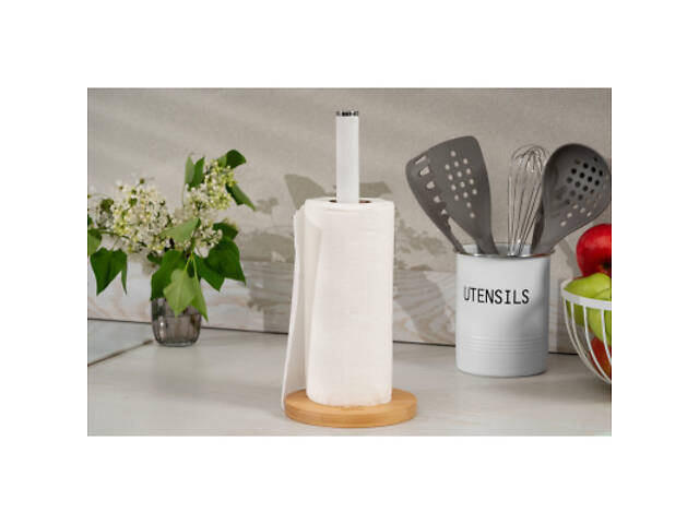 Тримач паперових рушників Ardesto Midori 15х34см, метал, бамбук, білий (AR0913WB) - Фото 2