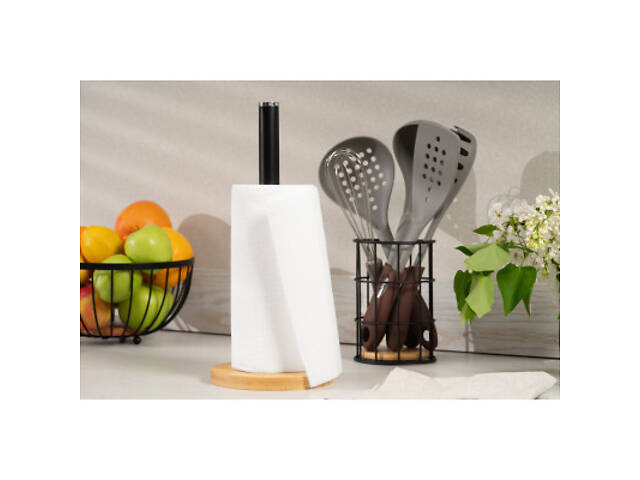 Тримач паперових рушників Ardesto Midori 15х34см, метал, бамбук, чорний (AR0913BB) - Фото 2
