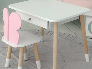 Детский белый столик с ящиком и стульчик бабочка розовый 34961
