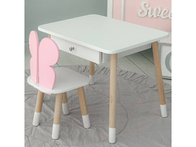 Детский белый столик с ящиком и стульчик бабочка розовый 34961 - Фото 1