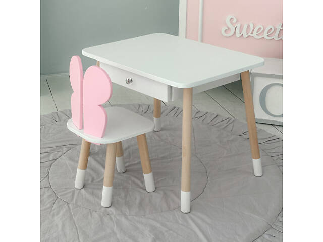 Детский белый столик с ящиком и стульчик бабочка розовый 34961 - Фото 2