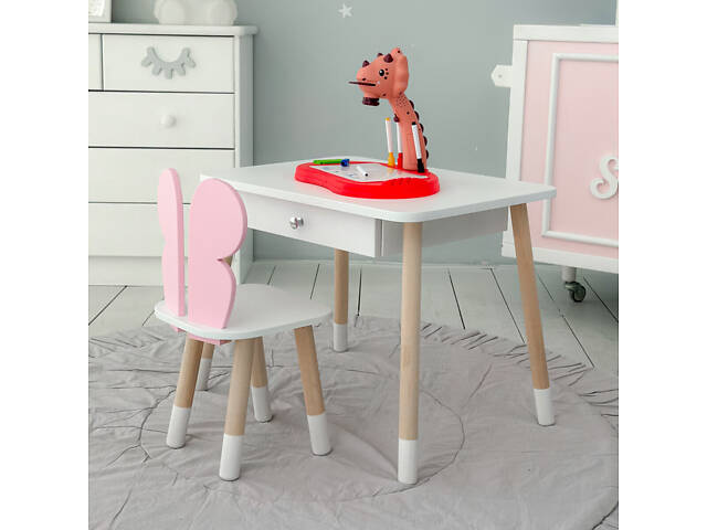 Детский белый столик с ящиком и стульчик бабочка розовый 34961 - Фото 3