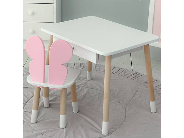 Детский белый столик с ящиком и стульчик бабочка розовый 34961 - Фото 4