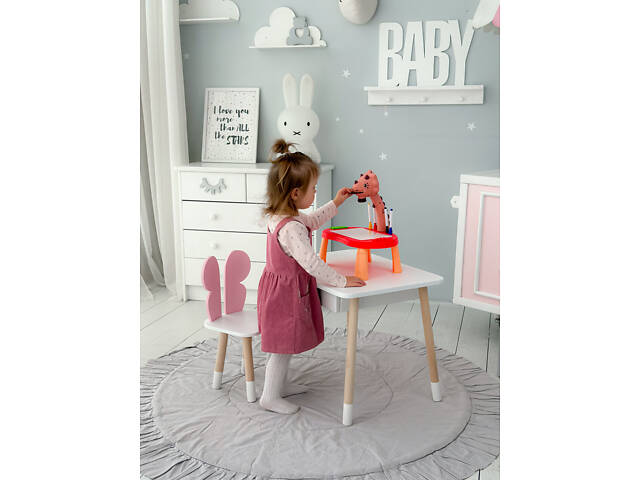 Детский белый столик с ящиком и стульчик бабочка розовый 34961 - Фото 5
