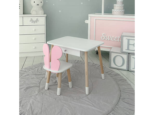 Детский белый столик с ящиком и стульчик бабочка розовый 34961 - Фото 9