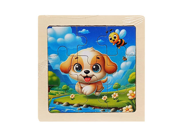 Дитячий дерев'яний пазл-вкладиш 'Щеня з бджолою' MD 1506-18, 9 елементів 9,8 х 9,8 х 0,4 см - Фото 1