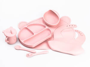 Детский набор силиконовой посуды для кормления ребенка 7 предметов Розовый