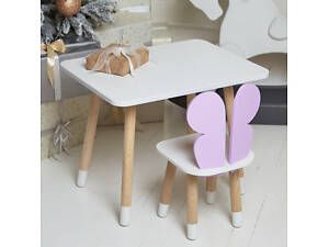 Детский прямоугольный стол и стул фиолетовый бабочка с белым сидением. Детский белый столик