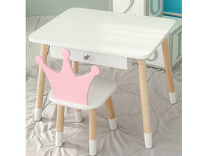 Детский столик белый и стульчик корона бело- розовый. Столик с ящиком для карандашей и разукрашек 56787