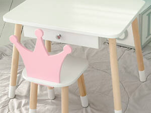 Детский столик белый и стульчик корона бело- розовый. Столик с ящиком для карандашей и разукрашек 56787