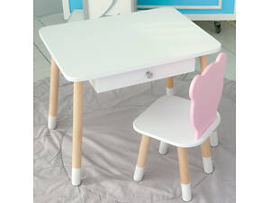 Детский столик белый и стульчик мишка розово-белый. Столик с ящиком для карандашей и разукрашек 21441