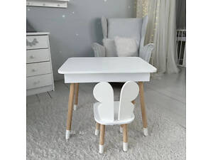 Детский столик и стульчик бабочка белый. Столик с ящиком для карандашей и разукрашек