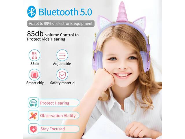 Детские беспроводные наушники с ушками и рогом единорога. Розовые наушники Единорог для ребенка - Фото 2