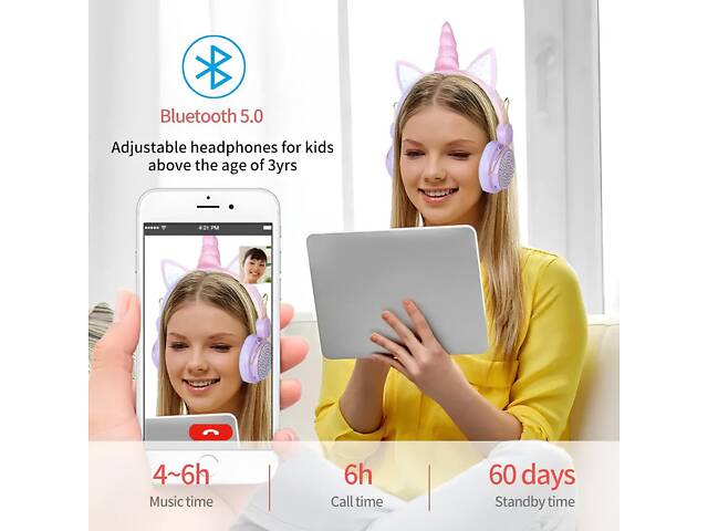 Детские беспроводные наушники с ушками и рогом единорога. Розовые наушники Единорог для ребенка - Фото 4