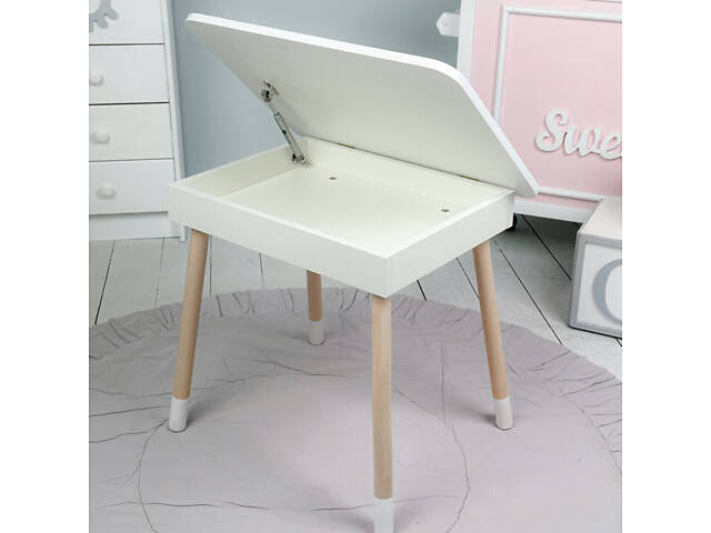 Дитячий дерев'яний столик з відкидним верхом 53×60×45, стіл з нішею в дитячу, білий - Фото 2
