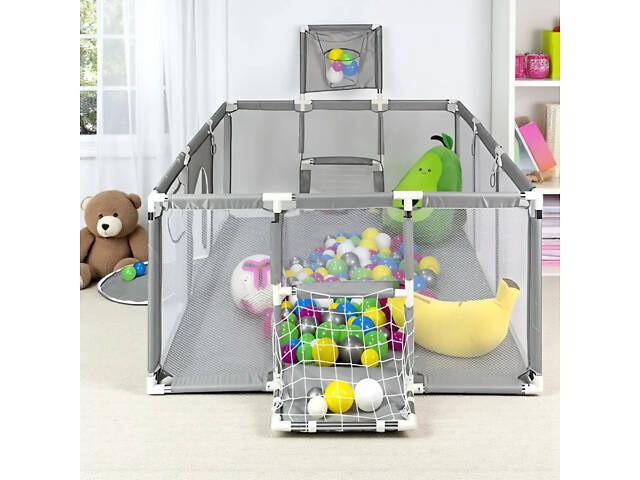 Дитячий манеж із сітчастими стінками, баскетбольним кільцем і воротами KP-82 180х120х62см - Фото 6