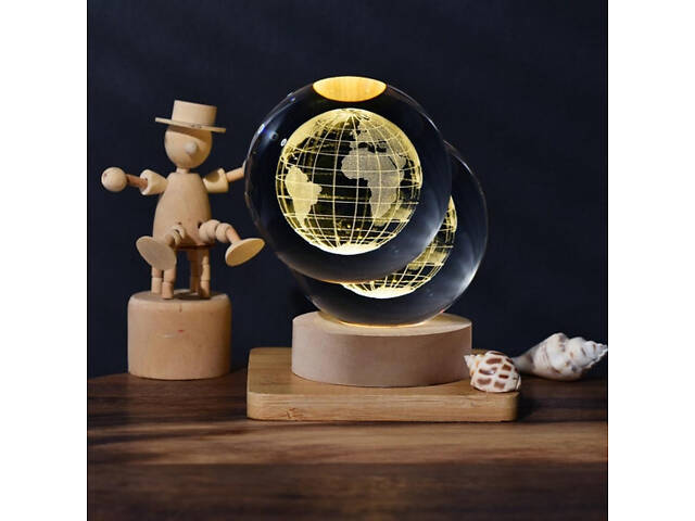 Дитячий нічник кришталева куля планети на дерев'яній підставці. - Фото 2