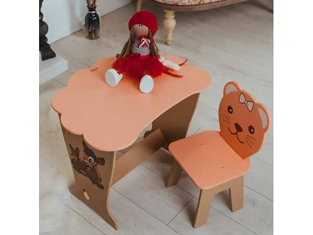 Детский письменный столик и стульчик крышка Облачко (Персиковый) Олень - Фото 1