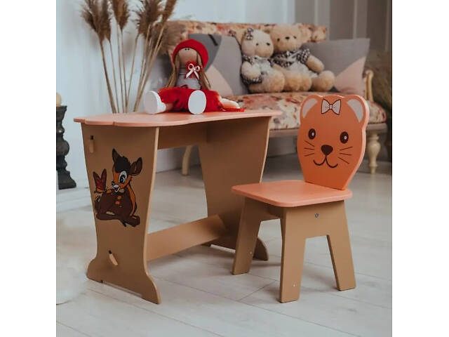 Детский письменный столик и стульчик крышка Облачко (Персиковый) Олень - Фото 2