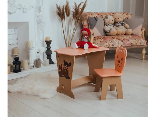Детский письменный столик и стульчик крышка Облачко (Персиковый) Олень - Фото 4