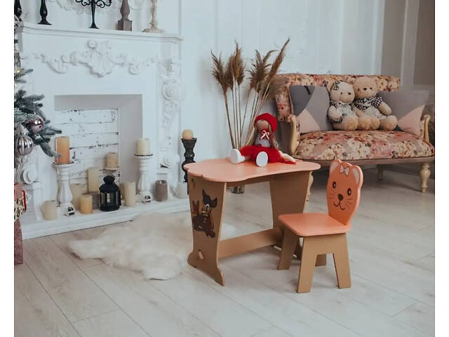 Детский письменный столик и стульчик крышка Облачко (Персиковый) Олень - Фото 5