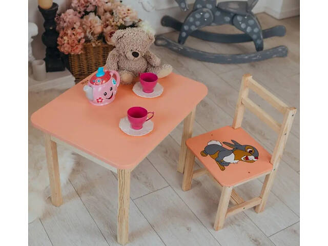 Детский стол с ящиком и стул для учебы (Розовый) Зайчик - Фото 1