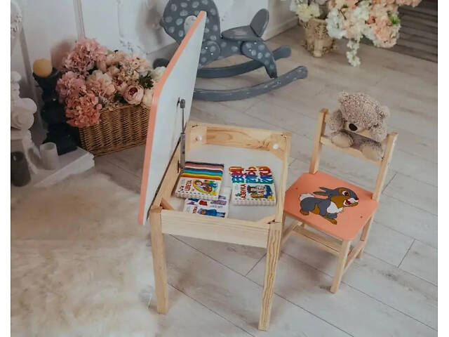 Детский стол с ящиком и стул для учебы (Розовый) Зайчик - Фото 4