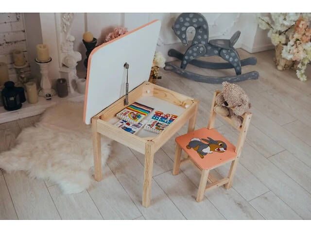 Детский стол с ящиком и стул для учебы (Розовый) Зайчик - Фото 7