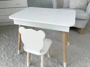 Детский столик с ящиком для карандашей + стульчик Мишка (Белый)