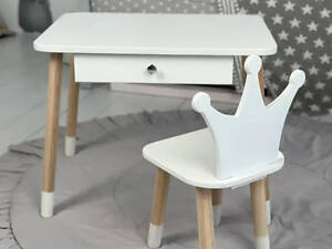 Дитячий столик зі стільчиком Корона та ящиком для олівців та розмальовок (Білий)