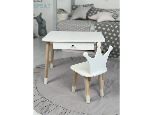 Дитячий столик зі стільчиком Корона та ящиком для олівців та розмальовок (Білий) - Фото 3